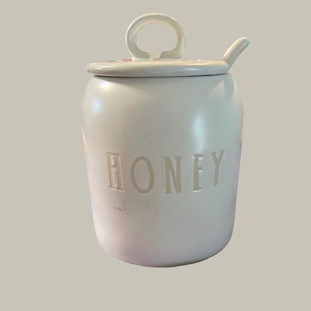 Rae Dunn Honey Pot Ceramic Jar with Lid and Spoon White Farmhouse Decor